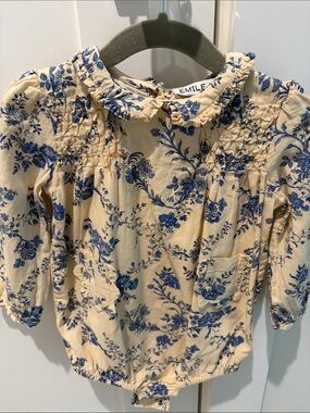 Emile et Ida Cream and Blue Floral Smocked Baby One-Piece